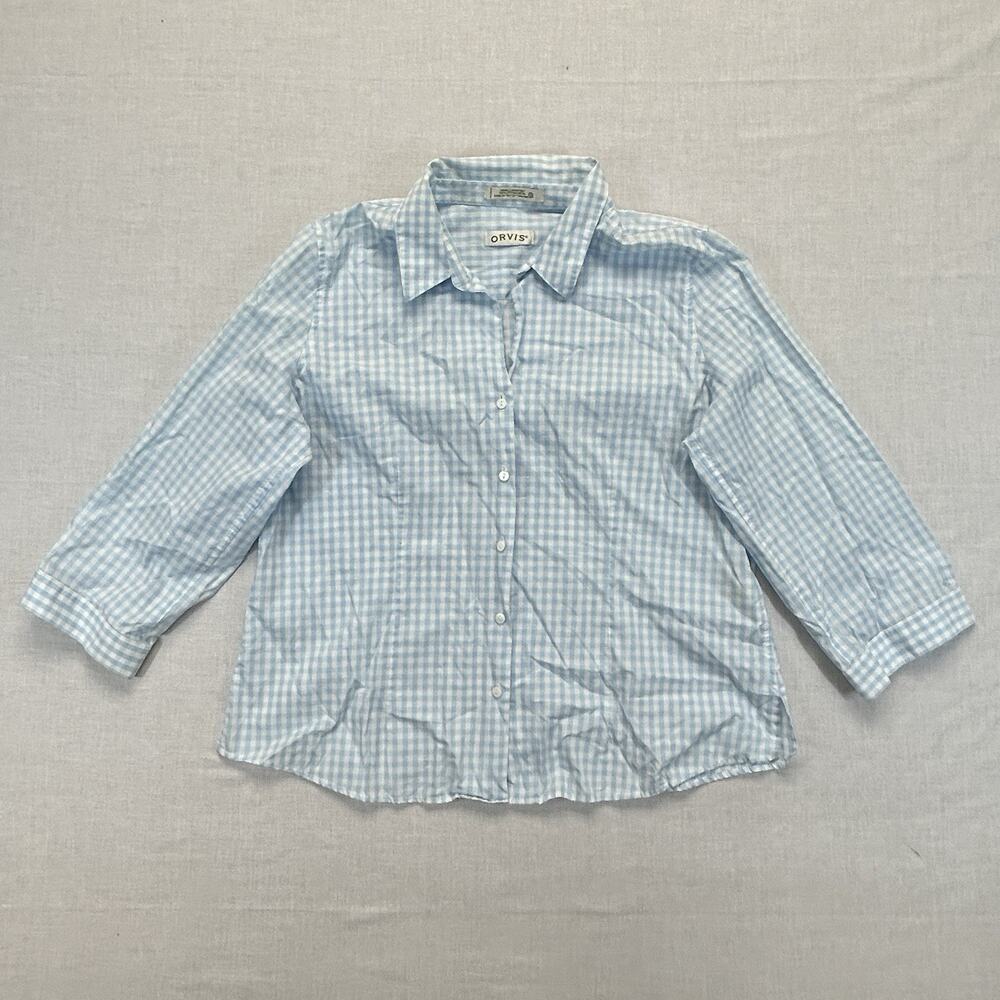 Orvis Button Up Blouse 3/4 Sleeve Shirt Women's 16 Blue Gingham Plaid Casual Top